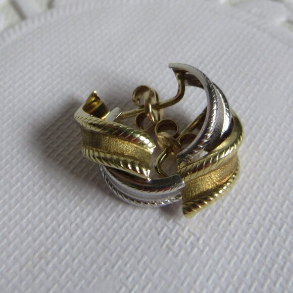 2 Tone, 585/14k, Yellow & White Gold Stud Earrings, Rope & Ribbon design - Picture 3 of 8